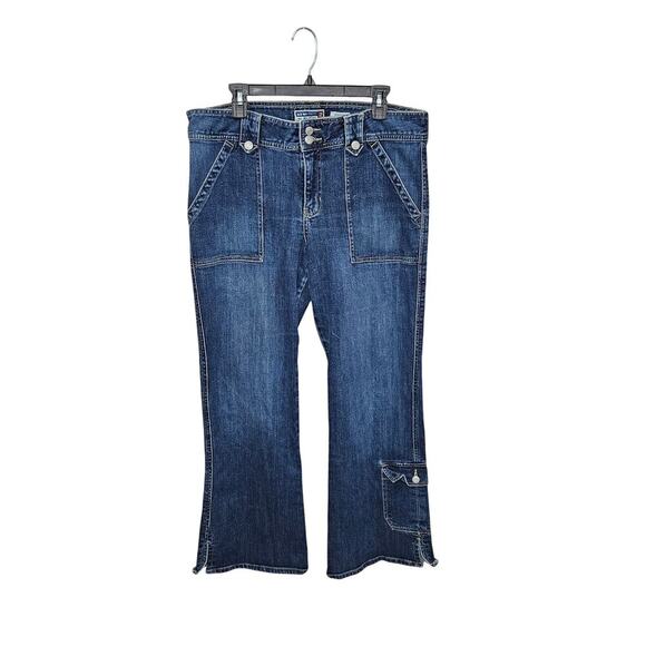 VNTG Y2K 2004 Old Navy Blue Jeans Ultra Low Waist Bootcut Denim Cargo Sz 16 XL - Picture 1 of 8